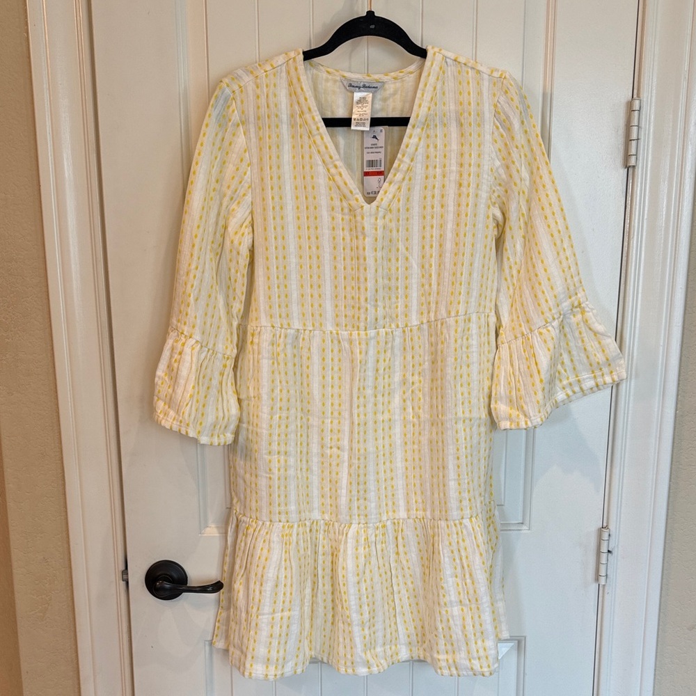 Tommy Bahama- Yellow Striped V-Neck Tiered Dress